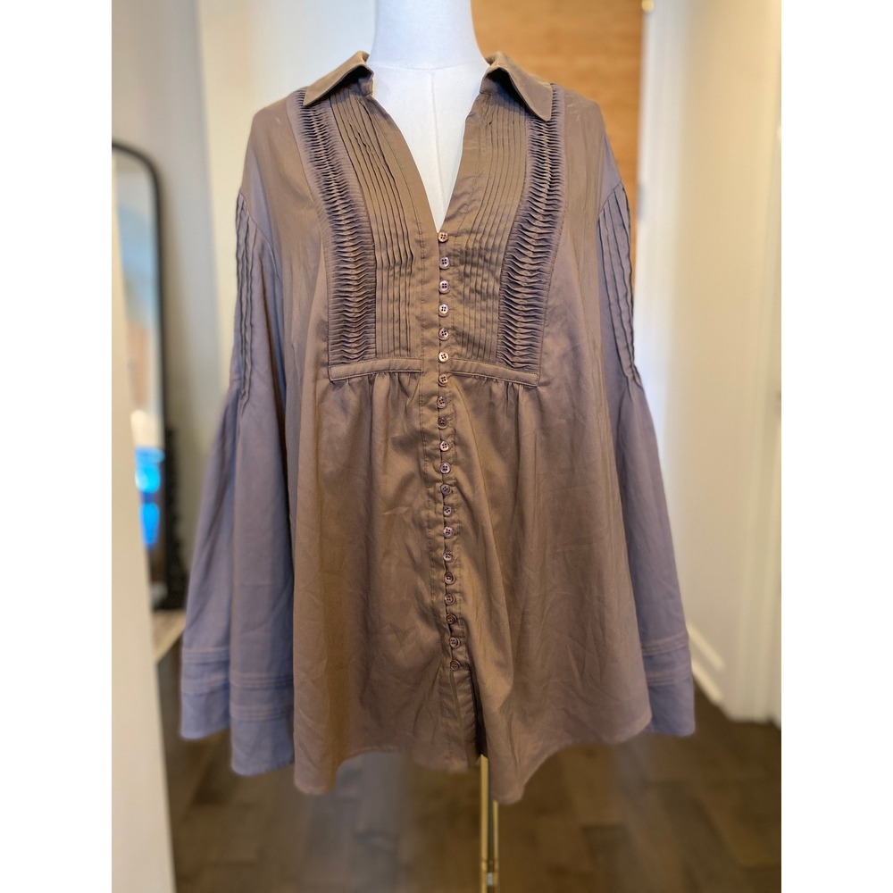 Soft Surroundings Taupe Pleated Button Front Bell Sleeve Tunic Top M